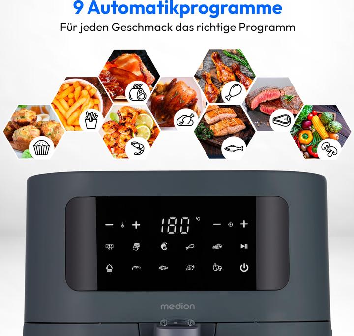 Actual product image Medion E40 XL Heissluftfritteuse (5,2 Liter, Airfryer, 2.150 Watt, 9 Automatikprogramme, Backfunktion