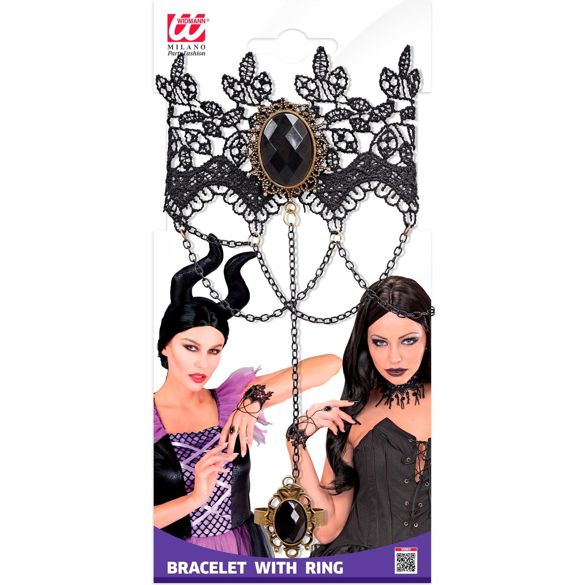 Thumbnail - Smiffys Armband aus Spitze mit Ring und schwarzem Edelstein