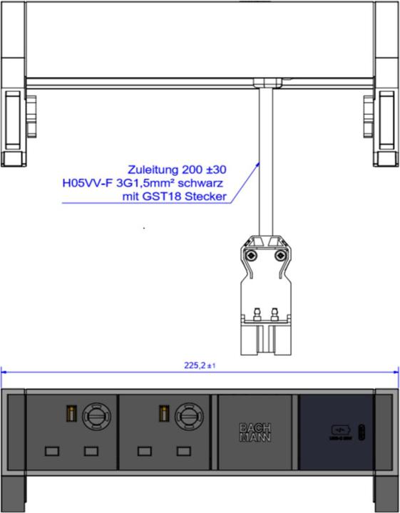 Produktbild Bachmann DESK2 2xUK 1xUSB C 30W 0,2m GST18 INOX (3 x, BS 1363, CEE 7/3, 0.20 m)