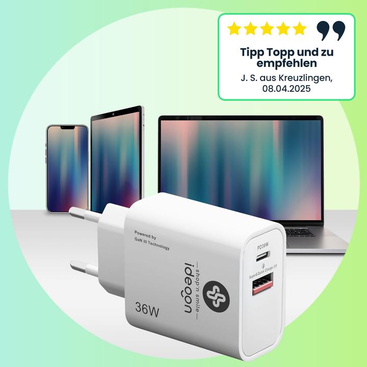 Produktbild Ideoon Dual 36Watt USB Ladegerät, 1xx USB-C und USB-A, PD- & QC-Netzteil, GaN III, weiss (36 W, 2 Ports)