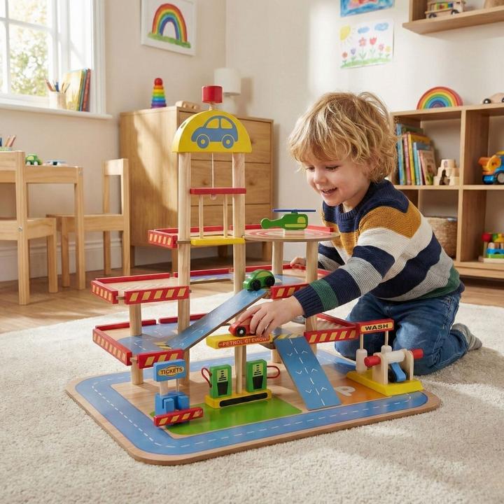 Immagine prodotto Hermex Holz-Parkhaus für Kinder mit Zubehör Parkgarage Spielzeug Spielgarage