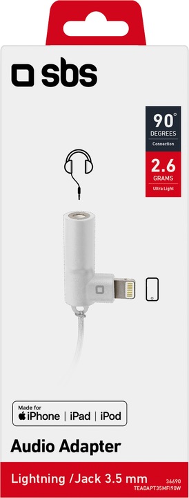 Image du produit SBS Adaptateur Lightning vers jack 3,5 mm avec connecteur à 90 degrés (Lightning, Jack 3.5mm)