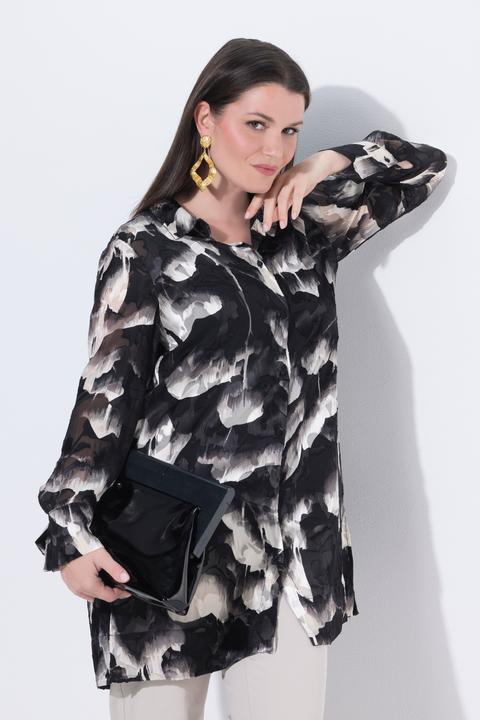 Immagine prodotto Ulla Popken Blusa dal taglio lungo in misto seta dévoré con collo da camicia e maniche lunghe (58, 60)