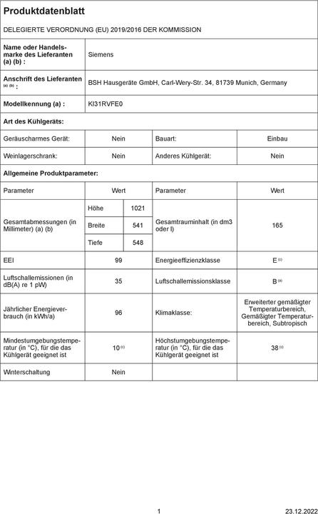 Image du produit Siemens KI31RVFE0 (165 l)