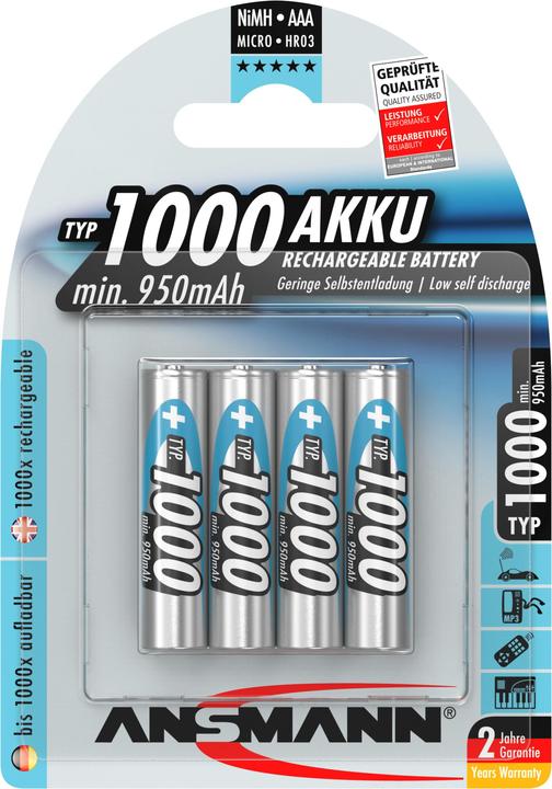 Produktbild Ansmann NiMH-Akku Typ 1000 Micro 950mAh 4er-Blister (4 Stk., AAA, 950 mAh)