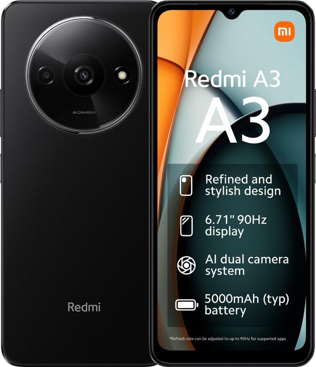 Image du produit Xiaomi Redmi A3 (128 Go, Midnight Black, 6.71", Double SIM, 4G)