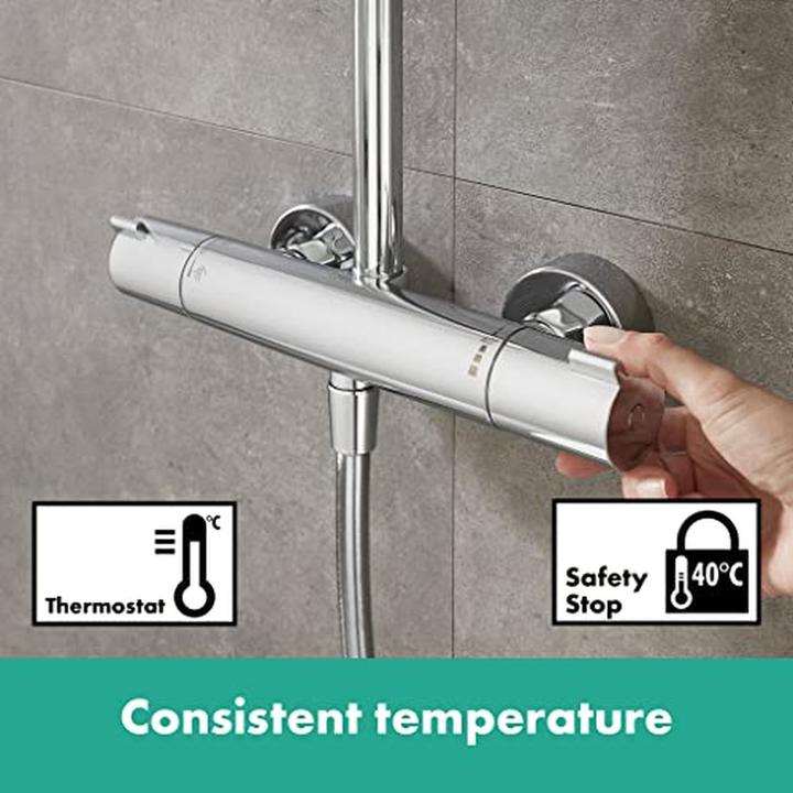 Produktbild hansgrohe Regendoucheset Crometta E 240 Varia 24 cm vierkant incl. thermostaatkraan 26785000 chroom/wit