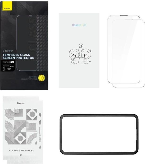 Actual product image Baseus Set of 2x Tempered Glass for iPhone 14 Pro Full Screen with Speaker Cover 0.3mm + Mounting Fr (2 pcs., Apple iPhone 14 Pro)