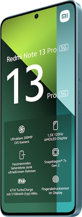 Produktbild Xiaomi Redmi Note 13 Pro 5G (256 GB, Ocean Teal, 6.67", Dual SIM, 200 Mpx, 5G)