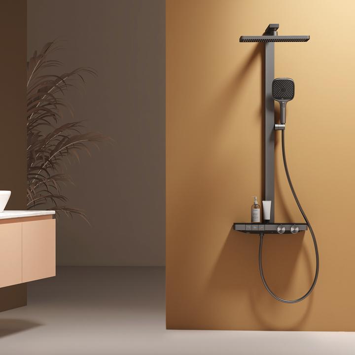 Actual product image Emke Shower system with thermostat Anthracite Matt Adjustable flow rate 4-jet hand shower incl. shower