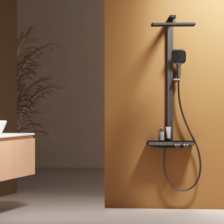 Produktbild Emke Duschsystem mit Thermostat Anthrazit Matt Einstellbarer Durchfluss 4-Strahl Handbrause inkl Brausest