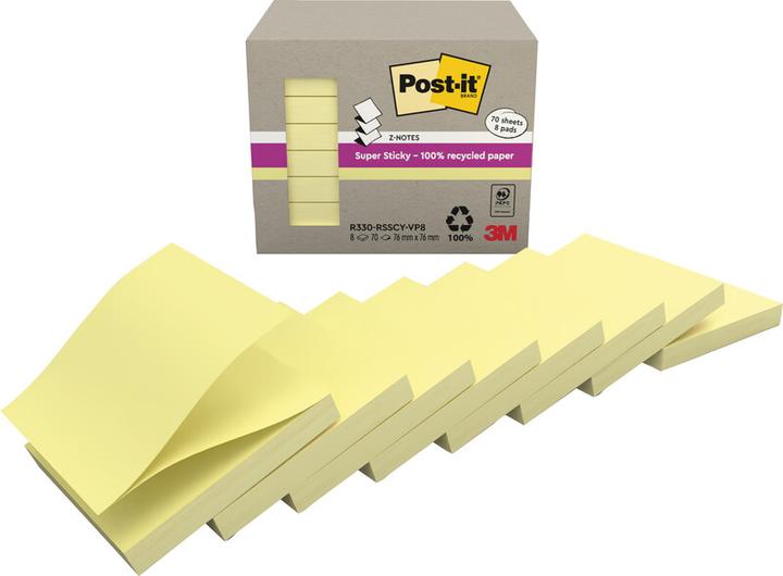 Produktbild Post-it Haftnotizen Z-Notes Recycling Tower, gelb (76 x 76 mm)