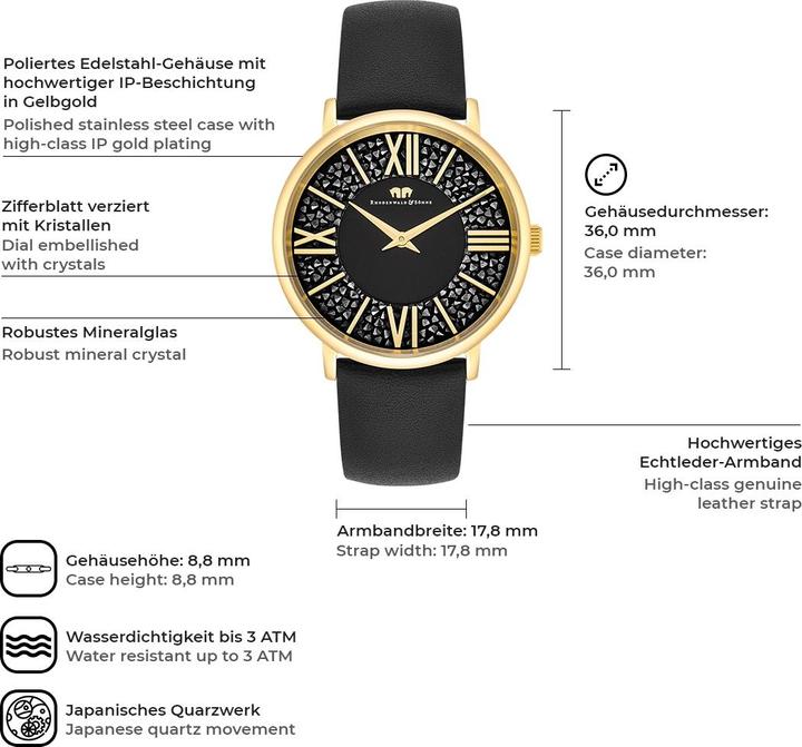 Produktbild Damen Quarzuhr Pamina Echtleder schwarz - 23876 (Analoguhr, 36 mm)