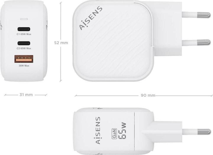 Produktbild Aisens CARGADOR GAN 65W 2XUSB-C PD3.0 QC4.0 1XUSB-A QC3.0 BLANCO (65 W, 3 Ports)