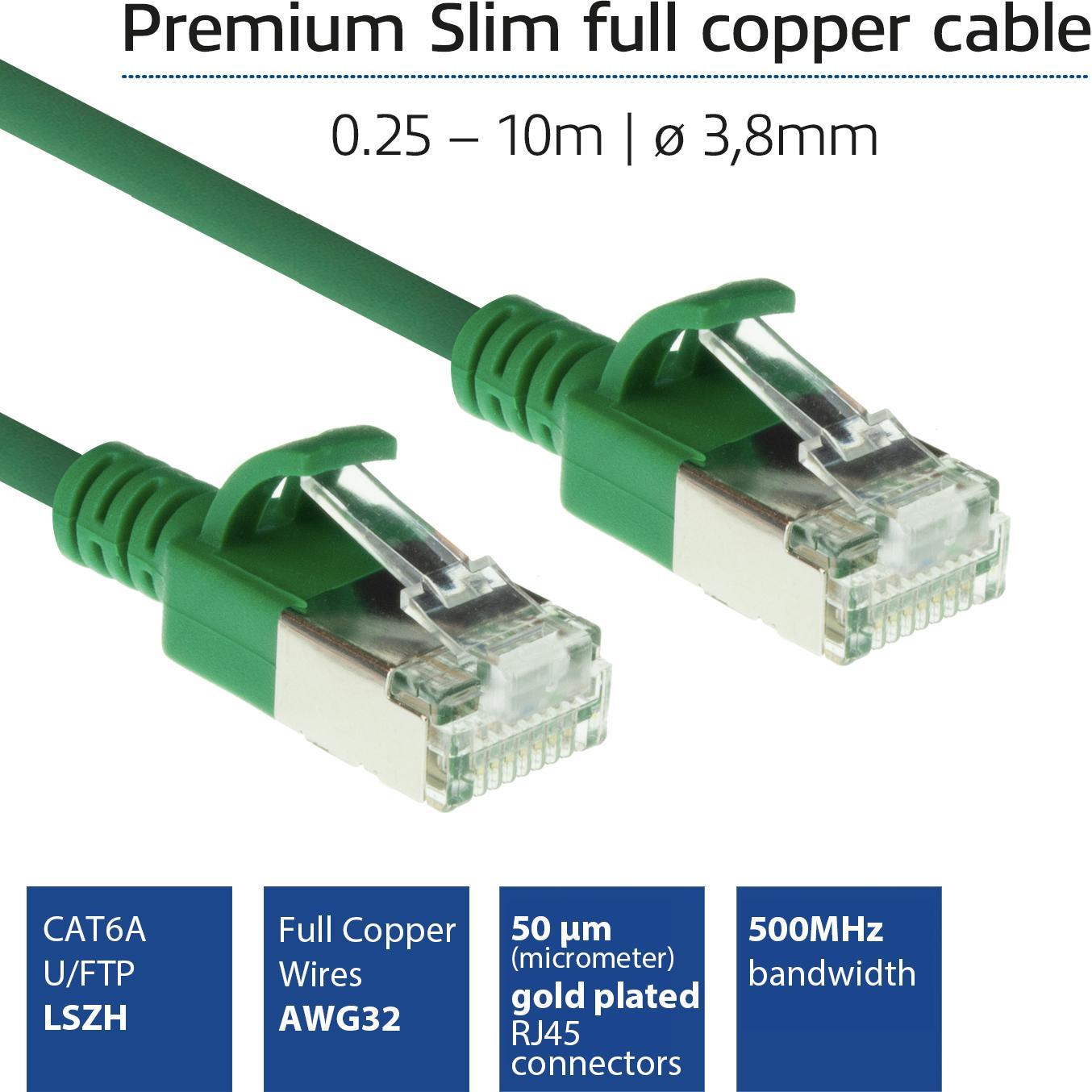 Thumbnail - ACT Green 0.25 meter LSZH U/FTP CAT6A datacenter slimline patch cable snagless with RJ45 connectors (U/FTP, CAT6a, 0.25 ...