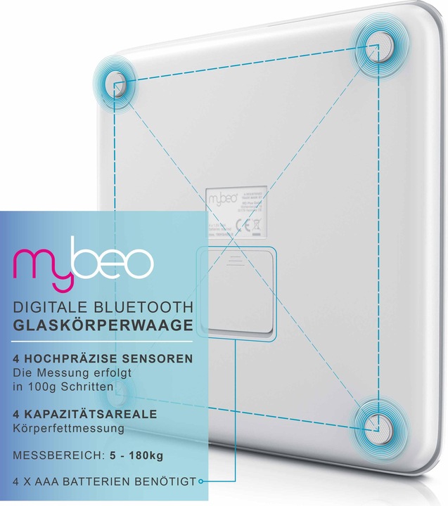 Produktbild Mybeo Körperfettwaage, Digitale Bluetooth Körper Analyse Waage, Diagnosewaage mit App-Steuerung, weiss (180 kg)