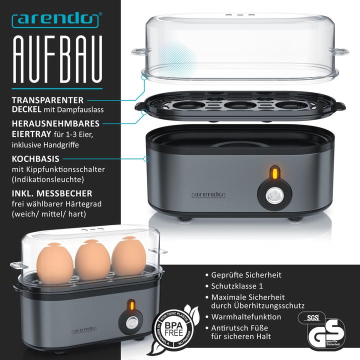 Produktbild Arendo Frühstücks Set, Wasserkocher 1,5l Temperaturwahl, 2-Scheiben Toaster & Eierkocher für 3 Eier, Grau