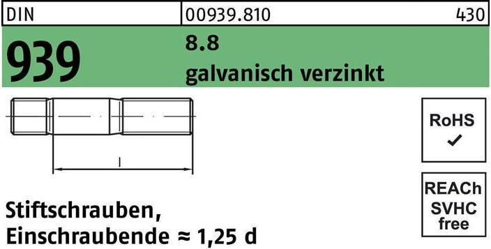Produktbild Stiftschraube DIN 939 M 20 x 55 8.8 galvanisch verzinkt Einschraubende=1,25d (10 Schrauben pro Stück)