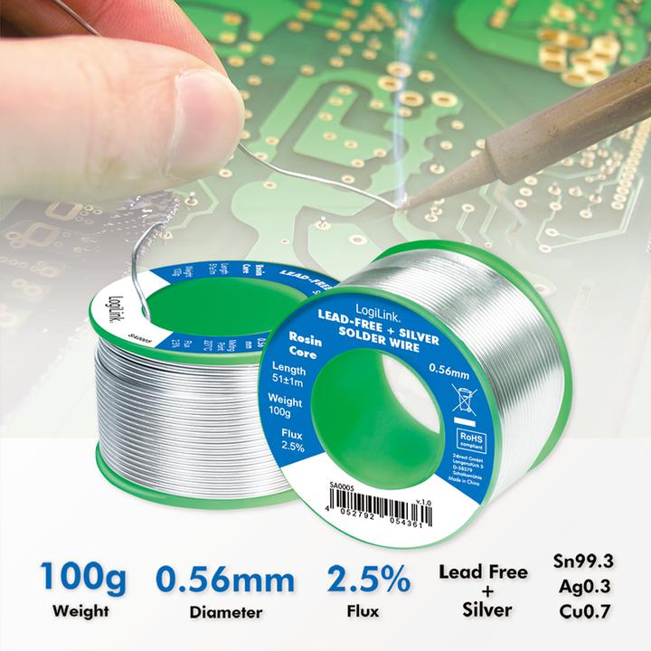 Image du produit LogiLink Fil de soudure Ø 0,56 mm (sans plomb + argent), 0,7% cuivre, 100g Ro
