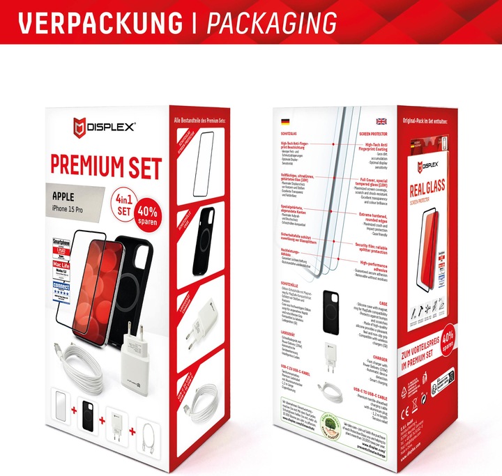 Actual product image Displex 4 in 1 Premium Set (Full Cover armoured glass, protective case, charger, charging cable) (1 Piece, Apple iPhone 15 Pro)
