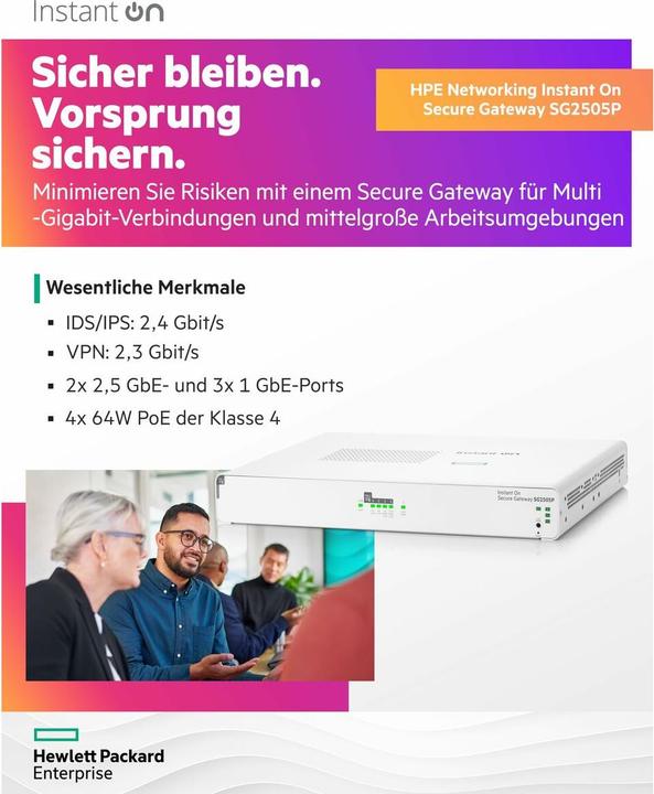 Produktbild HPE Networking Instant On Secure Gateway 5-port SmartRate 2.5G PoE+ 64W SG2505P EU en (5 Ports)