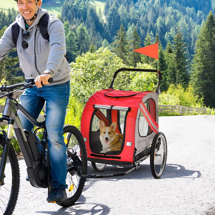 Produktbild PawHut 2-in-1 Hundewagen und Anhänger mit Luftpumpe und roter Fahne