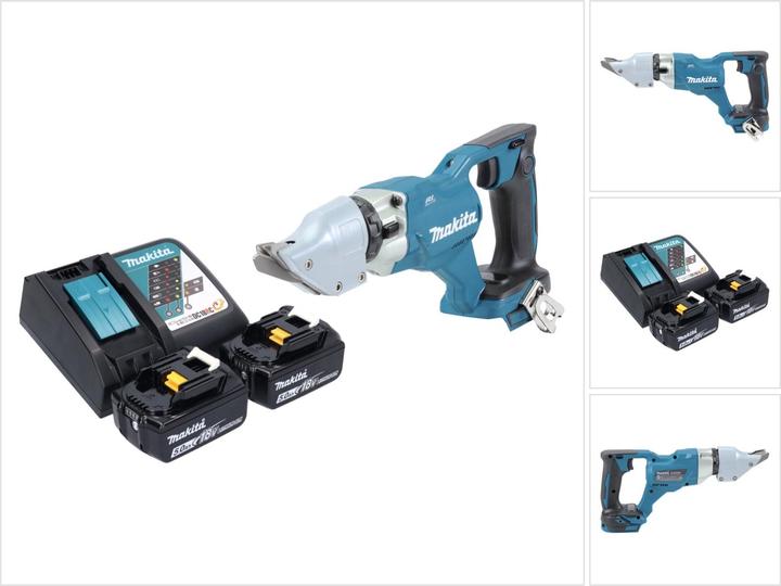 1x Makita DJS 200 Akku Blechschere, 1x Flachrundkopfschraube M4x12 (266622-8), 1x Einhängebügel (346317-0), 2x Makita BL 1850 B 18 V 5,0 Ah Akku, 1x Makita DC 18 RC Akku Schnell Ladegerät