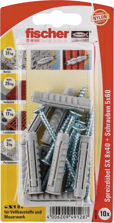 Produktbild Fischer Spreizdübel SX 8 x 40 SK SB-Karte, 10 x Spanplattenschraube 5 x 60, 049128 (10 Stk.)