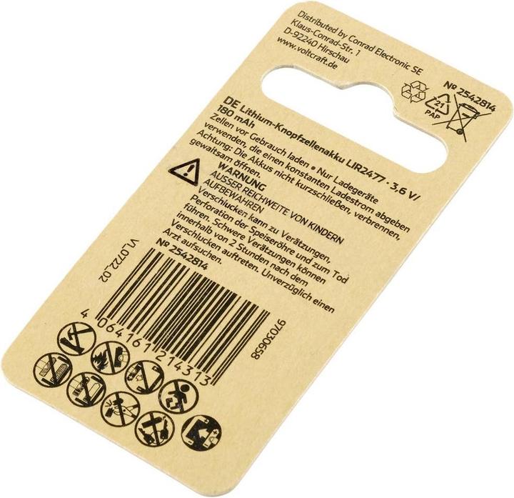 Produktbild Voltcraft Knopfzellen-Akku LIR 2477 Lithium 180 mAh 3.6 V 1 St. (1 Stk., 180 mAh)