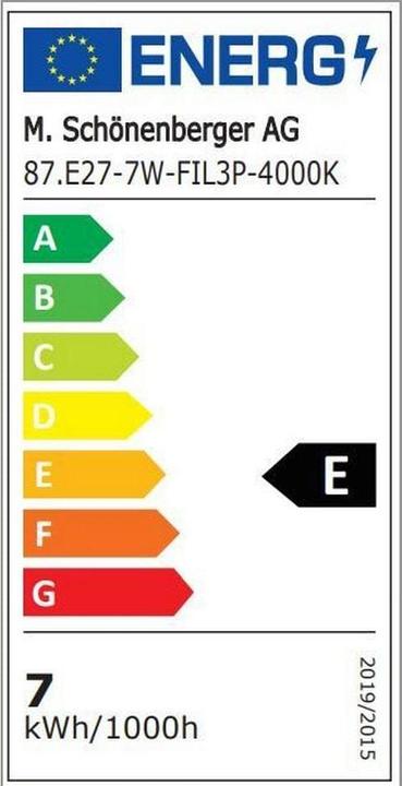 Label énergétique Schönenberger S-Light Ampoule LED filament Pack de 3 E27 A60 (E27, 7 W, 900 lm, 3 x, E)