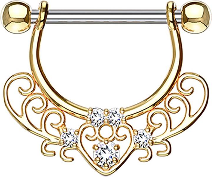 Immagine prodotto Star Piercing Barbell 14k vergoldet mit filigranen Herzmuster und Kristall (Ottone, Acciaio chirurgico 316L)