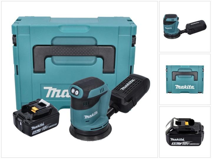 1x Makita DBO 180 Akku Exzenterschleifer, 1x Schleifpapier, 1x Staubsammelaufsatz, 1x Makita BL 1860 B 18 V 6,0 Ah Akku, 1x Makita Makpac, 1x Universaleinlage