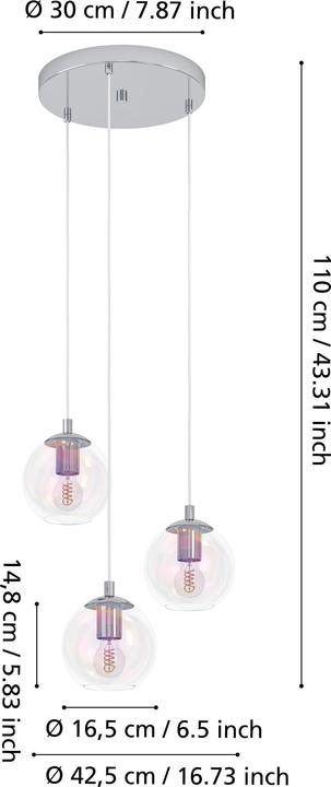 Actual product image EGLO Cluster Ariscani 3-Light Pendant Lamp with Iridescent Glass Balls (E27)