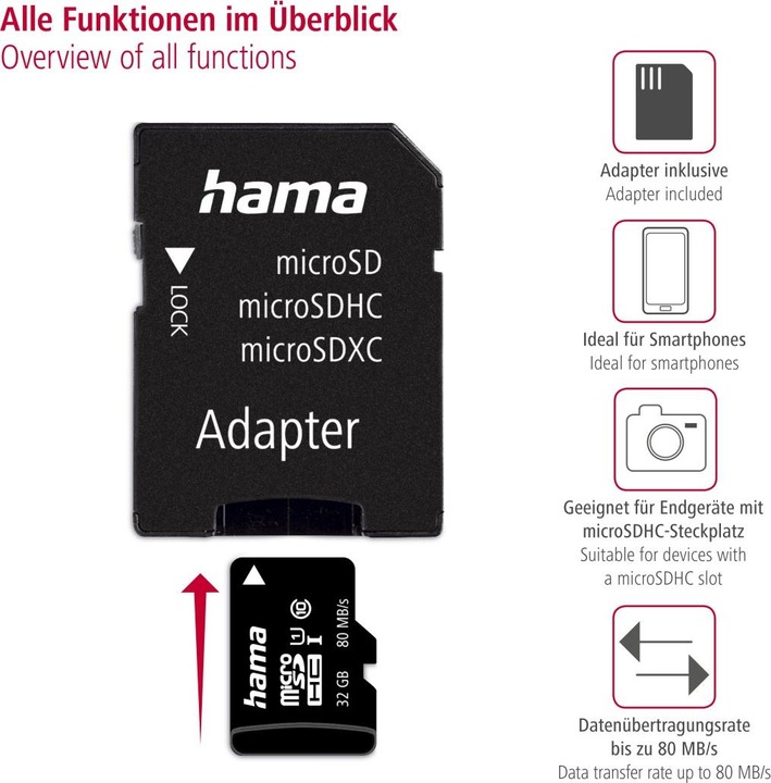 Produktbild Hama microSDHC 32GB +Adapter/Mobile (32 GB, microSDHC, U1, UHS-I)