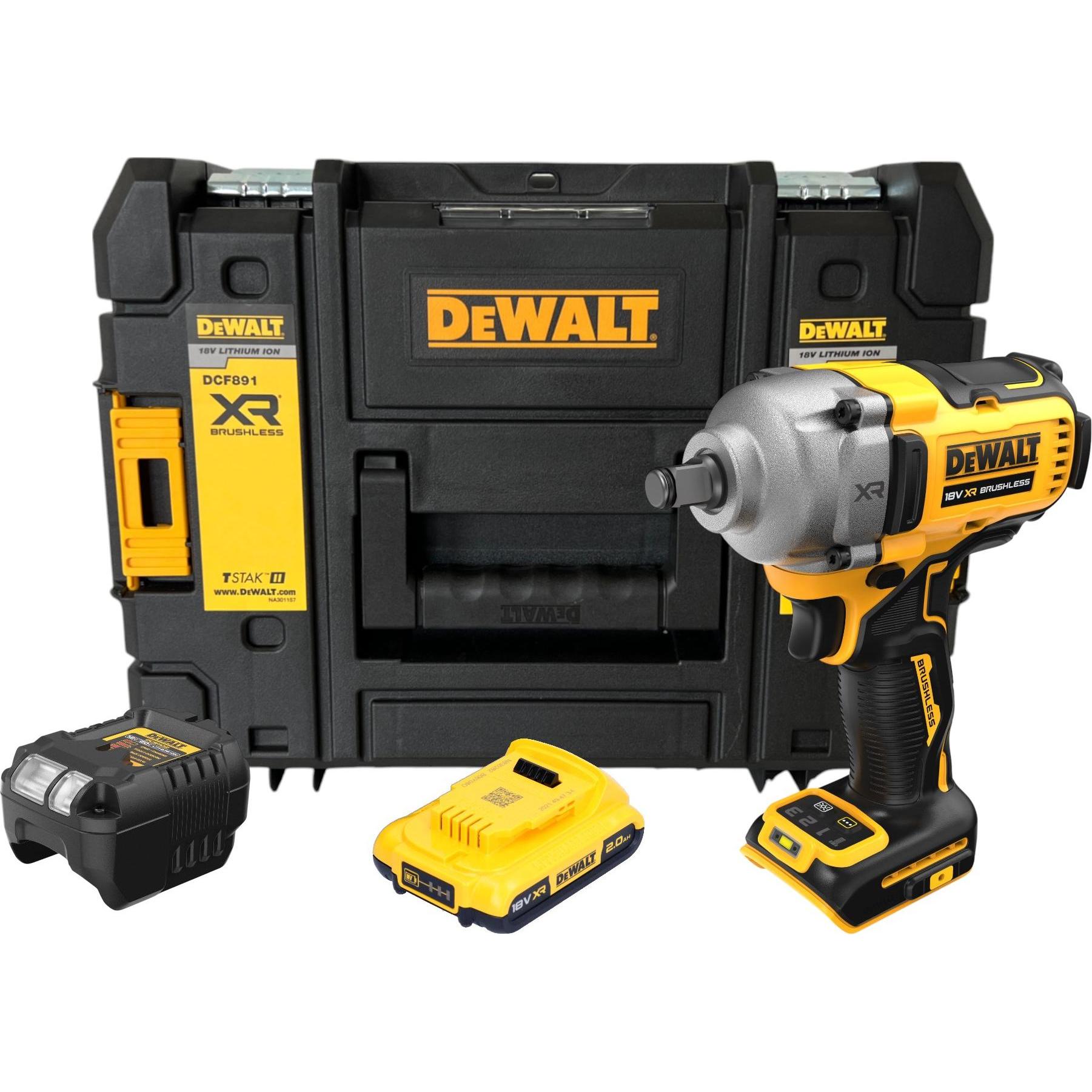 DeWalt, Bohrmaschine + Akkuschrauber, DCF 891 D1T Akku Schlagschrauber 18 V 1084 Nm 1/2" Brushless + 1x Akku 2,0 Ah + La...
