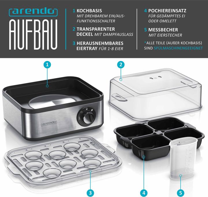 Produktbild Arendo Edelstahl Eierkocher 8-fach, 500 W, Edelstahl, Warmhaltefunktion, Härtegrad einstellbar, silber