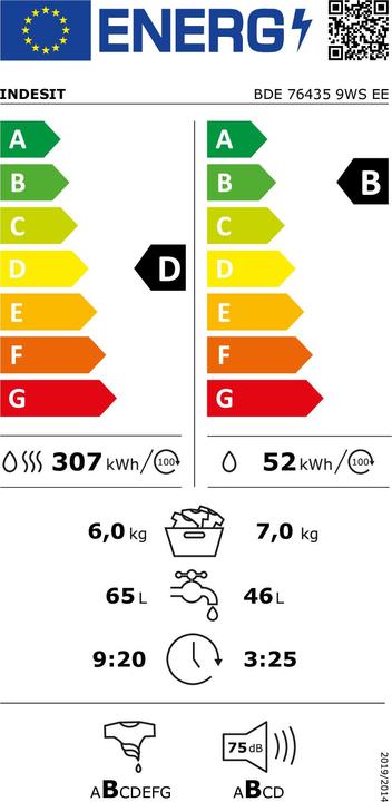 Energie-Label Indesit Washing machine with Dryer BDE 76435 9 WS EE, Free standing, Front loading, White