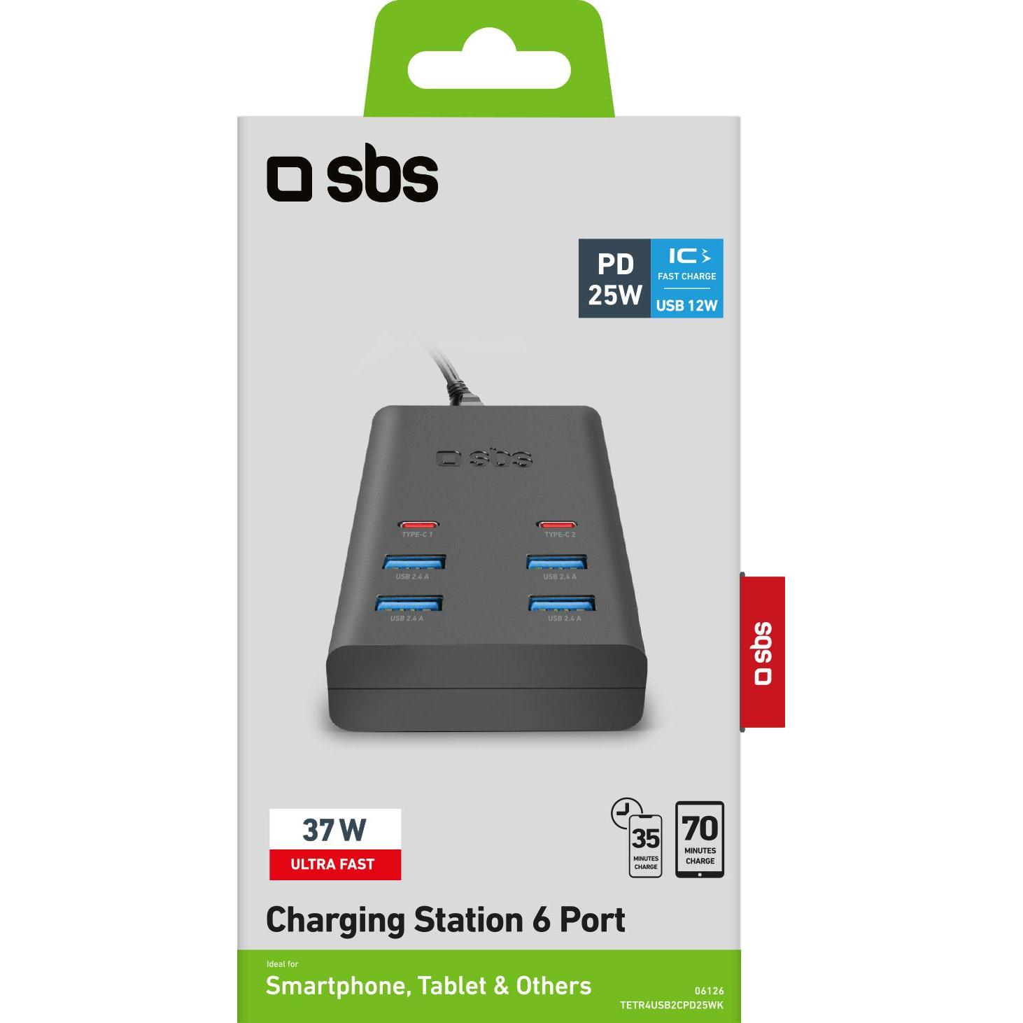 Thumbnail - SBS Ladestation mit 4 USB-A- und 2 USB-C-Ports, USB Ladegerät, Schwarz