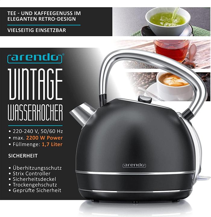 Produktbild Arendo Wasserkocher Retro Edelstahl Schwarz (1.70 l)