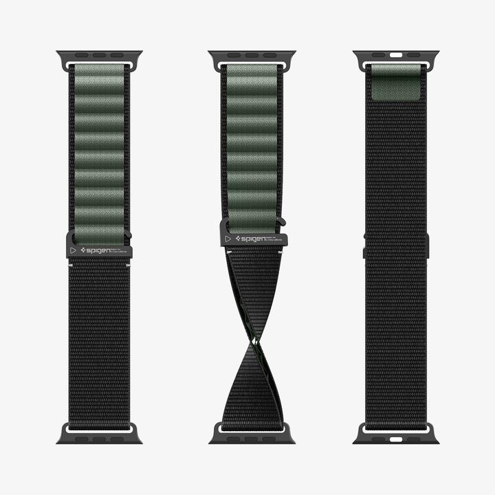 Produktbild Spigen Armband WBF1 Armband für Apple Watch 44 / 45 / 46 / 49 mm - Schwarz und Grün (49 mm, Nylon)