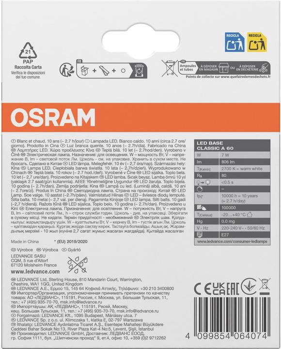 Image du produit Osram LED Base Classic (E27, 806 lm, 2x)
