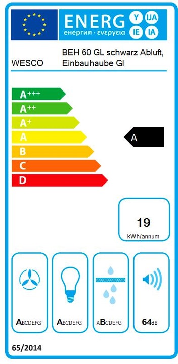 Energie-Label Berbel Einbauhaube Glassline 60 BEH 60 GL schwarz Abluft (4011593-020)