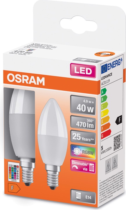 Image du produit Osram LED STAR+ CLB RGBWFR 40 DIM via rem. con 5,5W/827 E14 470LM 2er BOX (E14, 4.90 W, 470 lm, 2 x, F)