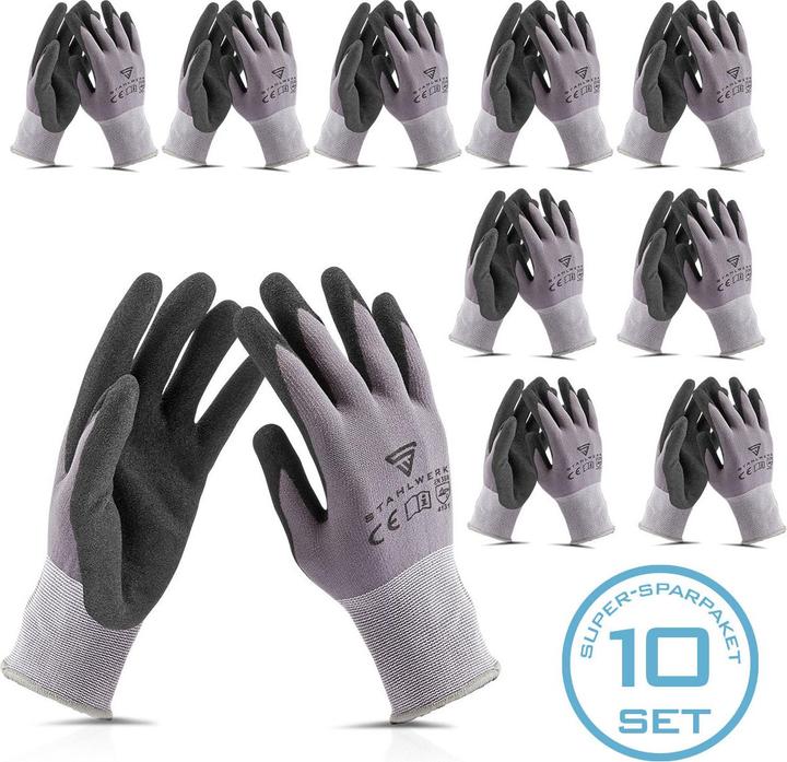 Stahlwerk Montagehandschuhe 10 Paar, Grösse XL mit Nitril PU-Beschichtung