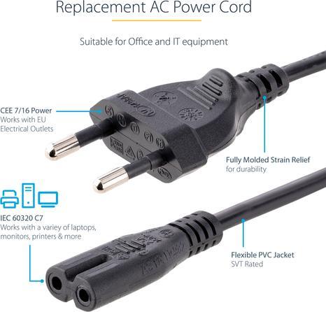 Actual product image StarTech com 3m (10ft) Laptop Power Cord, EU Plug to C7, 2.5A 250V, 18AWG, Laptop Replacement Cord (3 m)