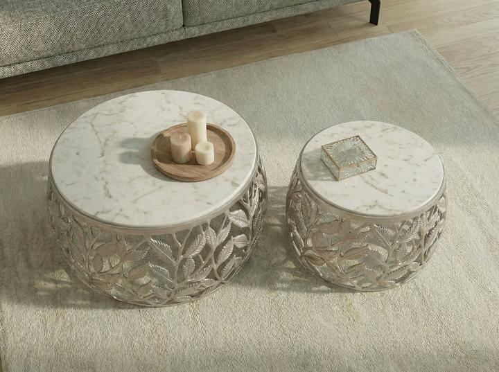 Produktbild FineBuy 2er Set Couchtisch Marmor Metall rund Wohnzimmertisch Beistelltisch Satztisch (60 x 60 x 33 cm)