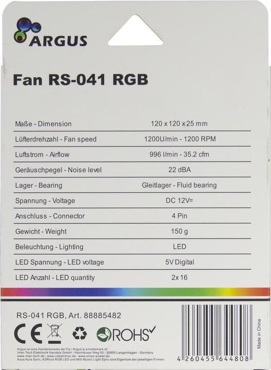 Actual product image Intertech Inter Tech Inter-Tech replacement fan 120*120*25 for ARGUS RS04 RGB (120 mm, 1x)