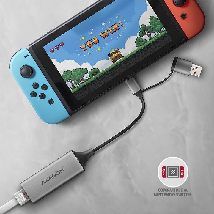 Image du produit Axagon ADE-TXCA, USB-C + USB-A 3.2 Gen 1 - Gigabit Ethernet s????ov?? karta, Asix AX88179, auto instal (USB-C, USB, RJ45 (1x))