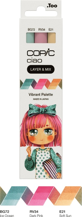 Actual product image Copic CIAO - Brand (BG-72 Ice Ocean, E-21 Soft Sun, RV-34 Dark Pink, 6 mm, 3 x)