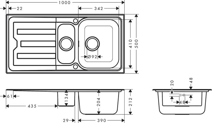 Actual product image hansgrohe S44 built-in sink 342/145, stainless steel, with drainer, 2 basins, 1000x500mm, 43366800 (Fitted sink, 50 cm, 100 cm)